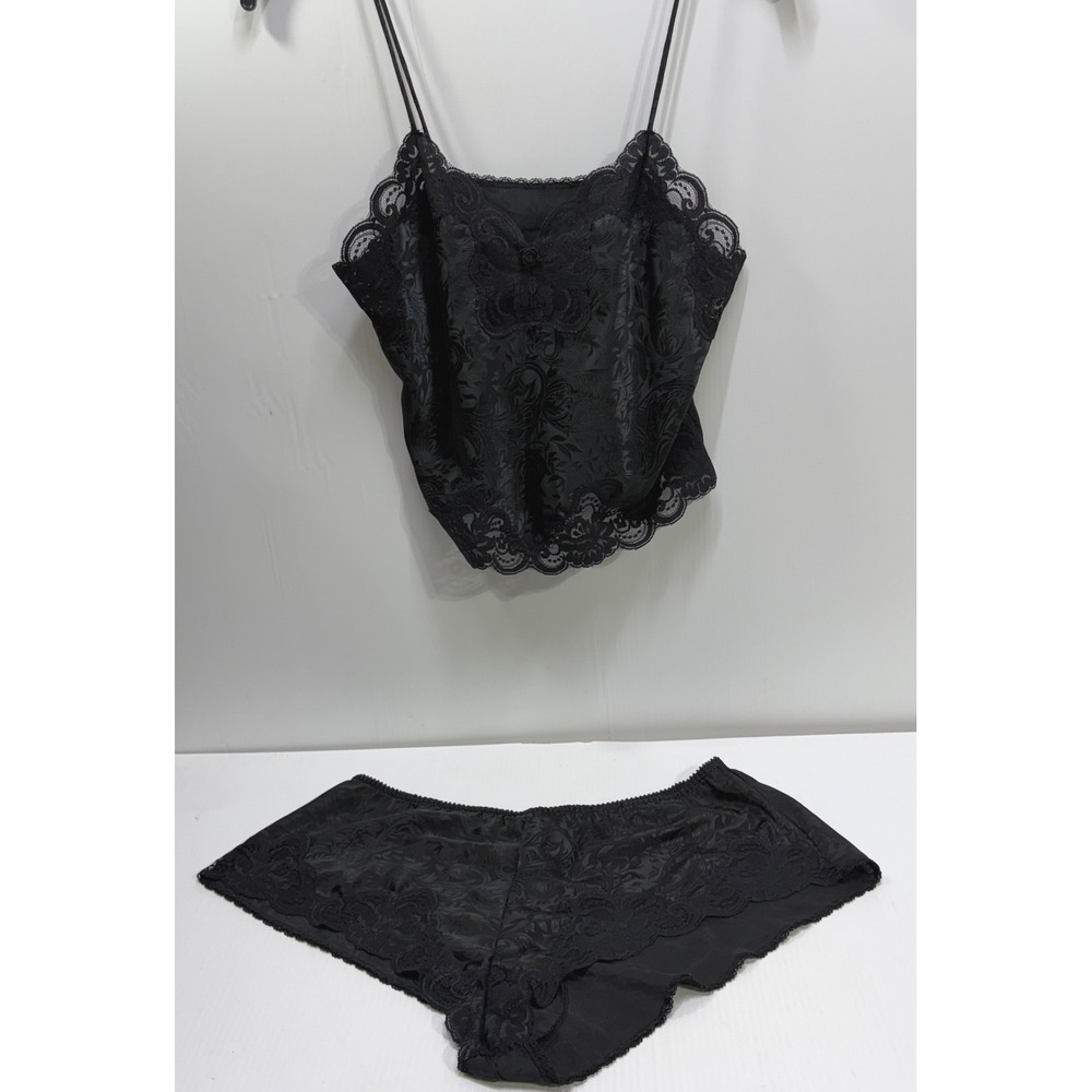 Deena Vintage Black Damask Jacquard Lace Camisole and Panty Lingerie Set Large